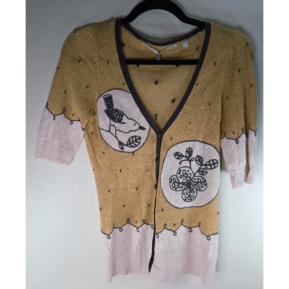 Anthropologie Knitted & Knotted Linen Cardigan Bird Floral‎ XS Cottagecore